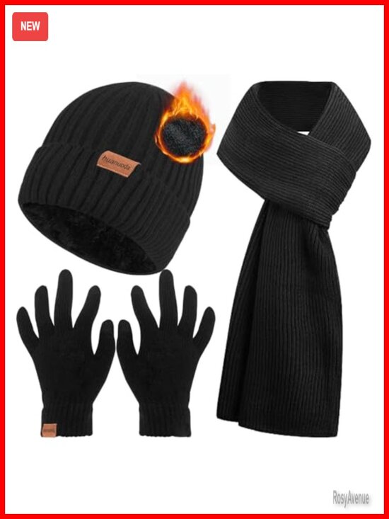 Knitted Fleece Lined Beanie Hat Scarf Touchscreen Gloves Set Winter Set